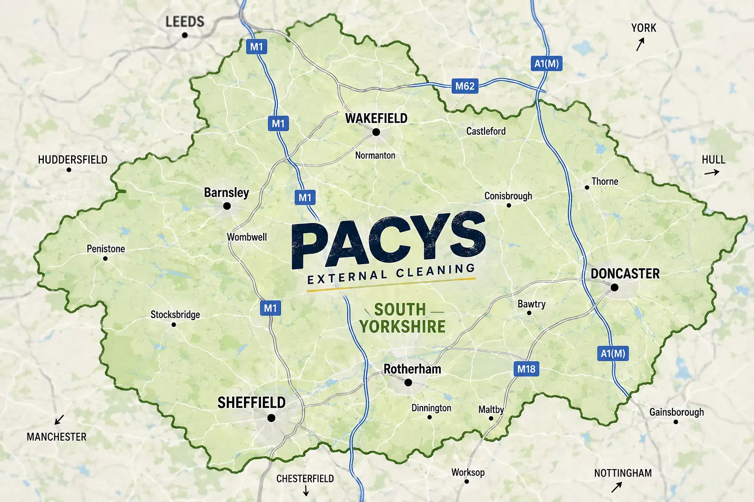 Illustration map showing pacys external pressure washing service area.